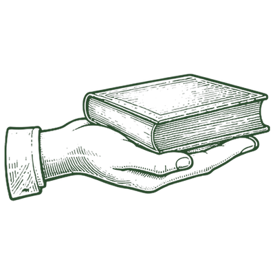 Engraving of a hand offering a closed book