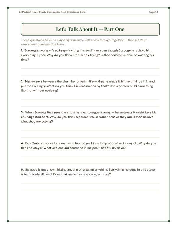 A page from inside the LitPads guide to A Christmas Carol