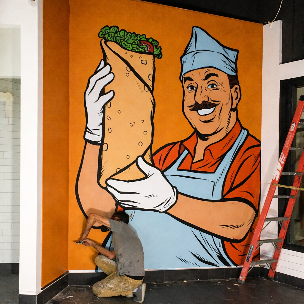 Deagla Restaurant during mural installation and painting process