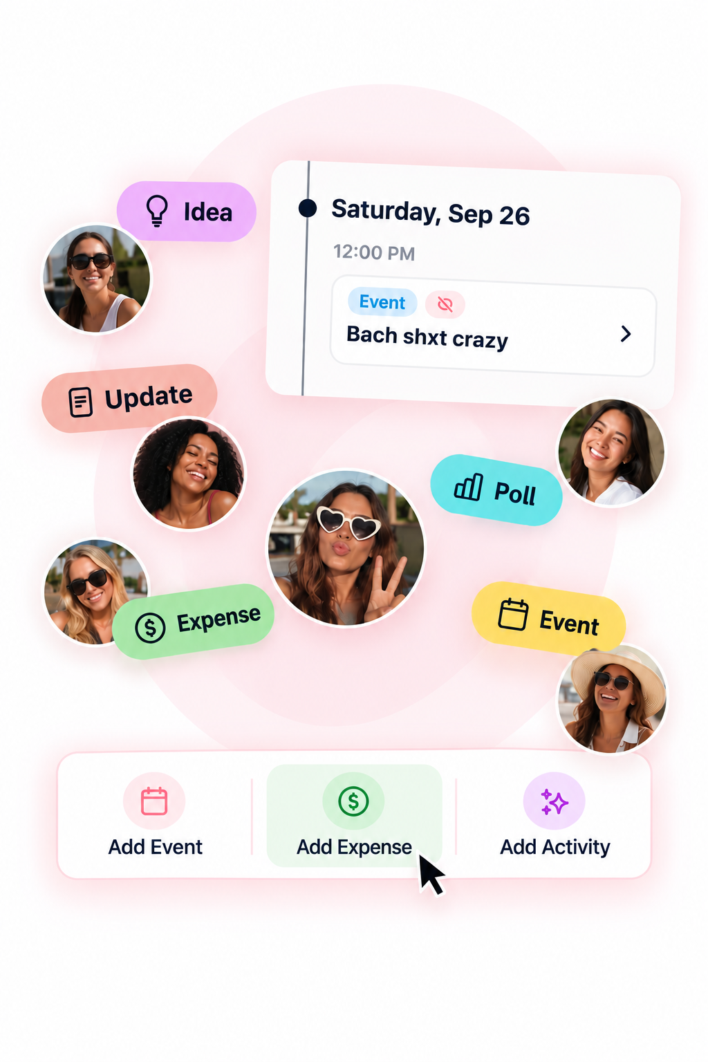 Bridesquad app preview — events, ideas, polls, expenses, and activities shared with your squad