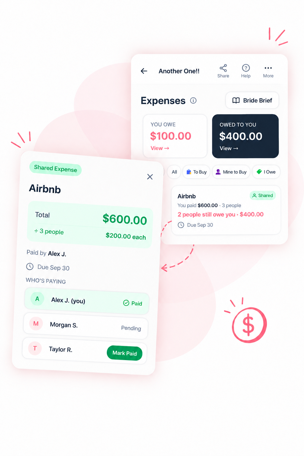 Bridesquad expenses — split shared costs, track who paid, and see who still owes