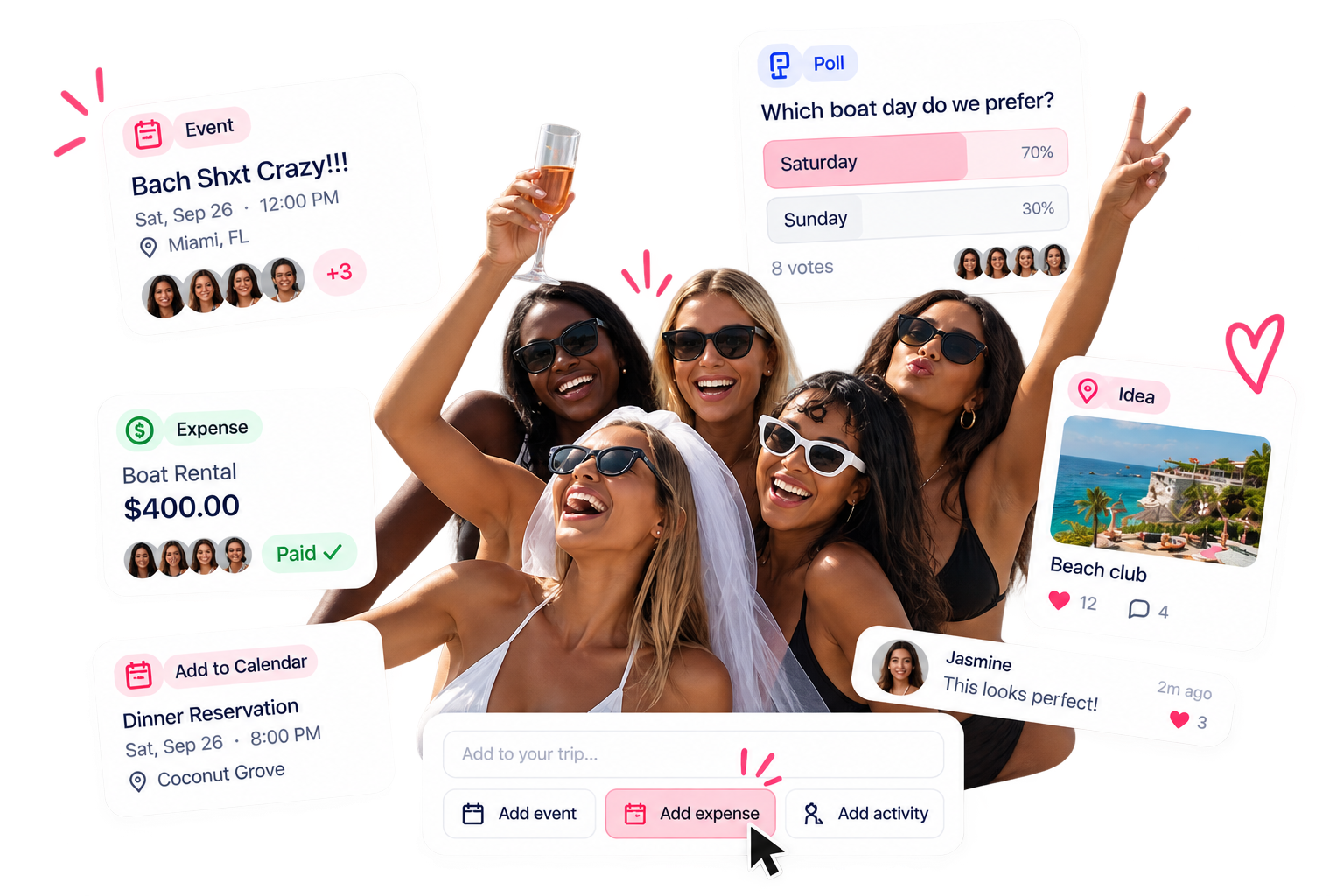 Bridesquad app preview — events, polls, expenses, and ideas shared with your squad