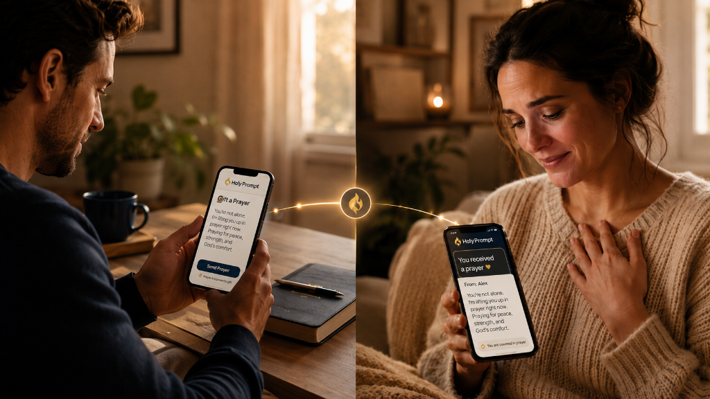 A man sending a prayer gift on HolyPrompt, and a woman receiving it on her phone