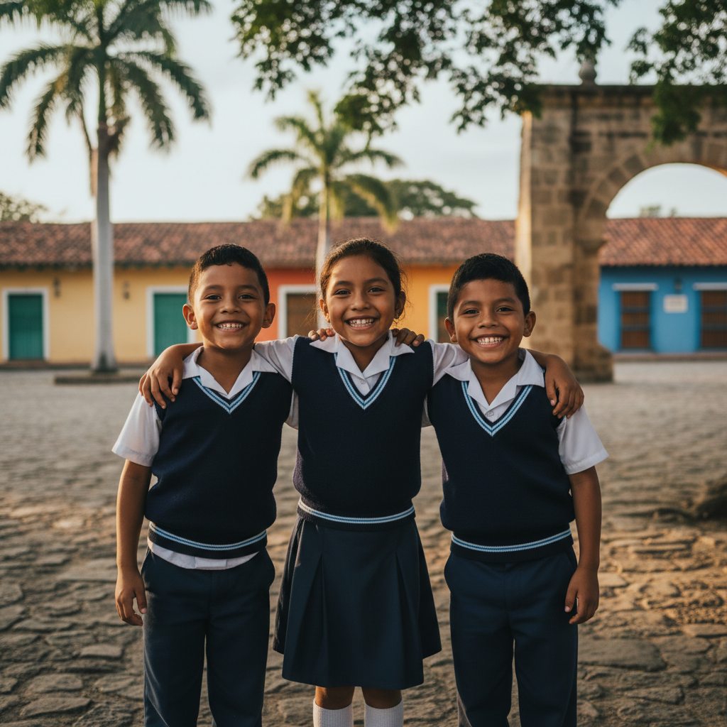 Latin American children in school uniforms smiling outside