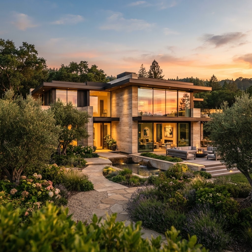 Moderne Villa zur goldenen Stunde mit warmem Licht und großzügigen Fensterfronten – Architekturfotografie als Stimmungsbild