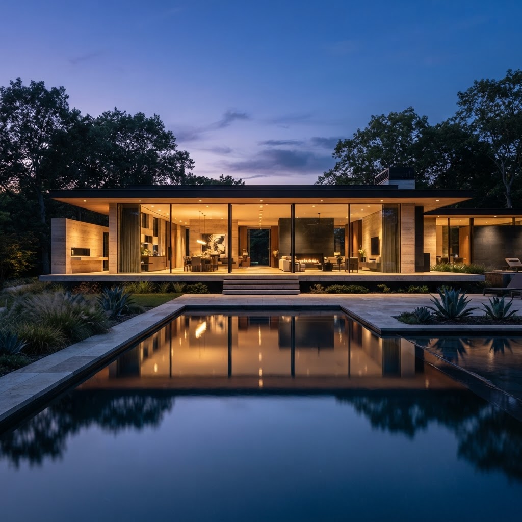 Elegante Villa zur blauen Stunde – Architekturfotografie als Stimmungsbild