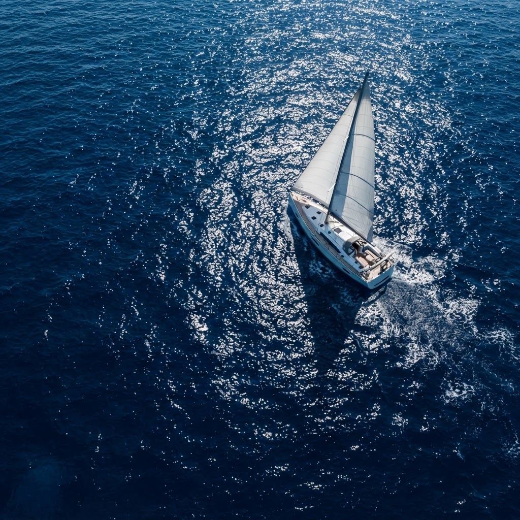 Aerial view of a white sailboat on the deep blue Andaman Sea