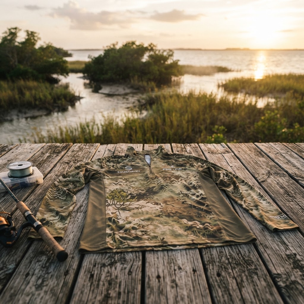 Lured mangrove camouflage fishing apparel on a dock