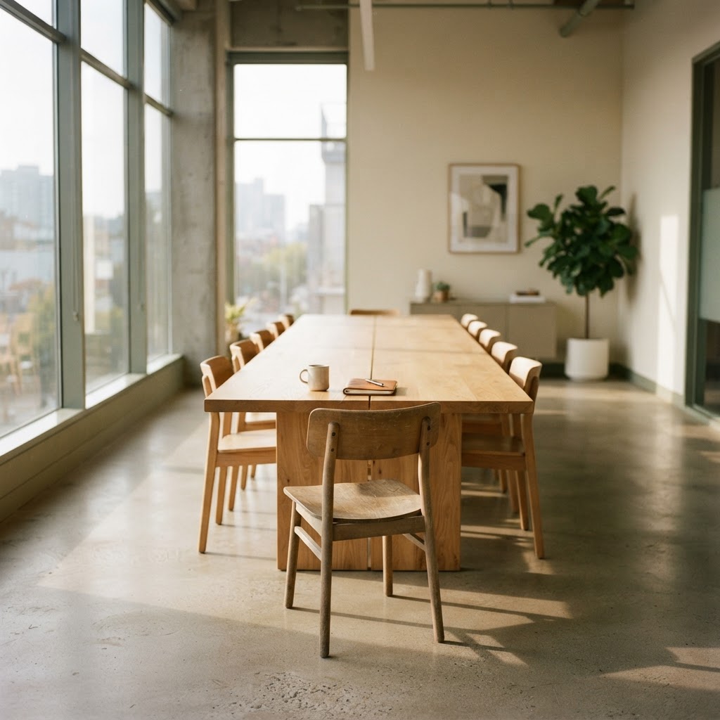 An empty chair at a conference table in a sunlit minimalist office