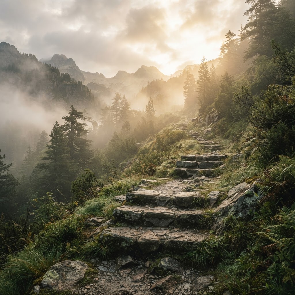 A winding mountain path with five ascending steps through morning mist