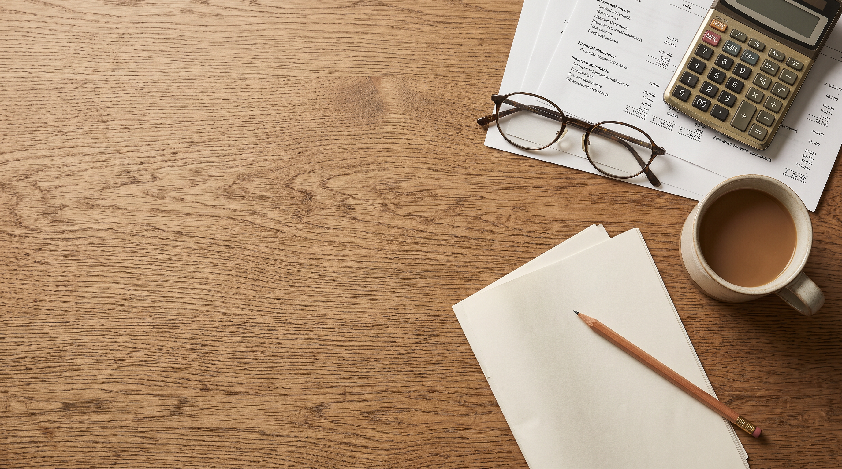 A wooden desk with a financial statement, a calculator, reading glasses and a cup of coffee