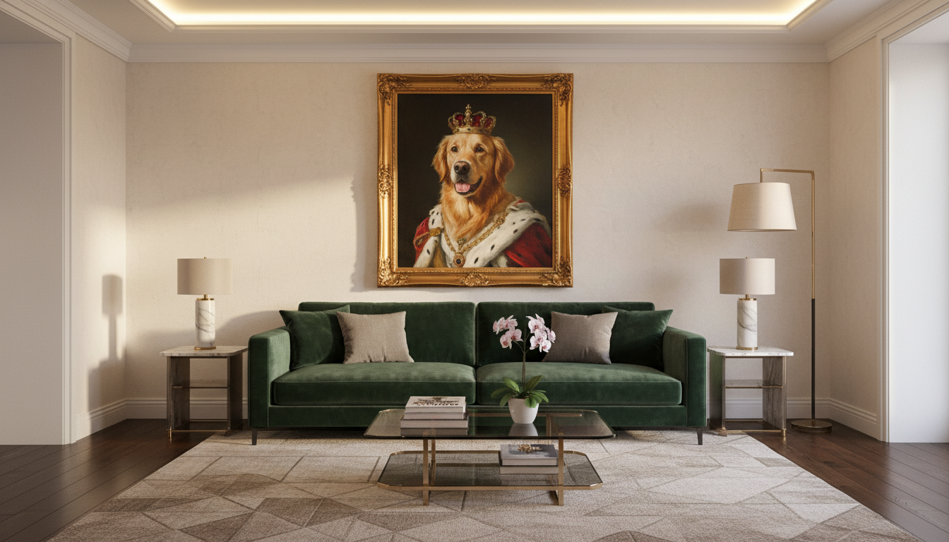 Pet portrait framed on a living room wall