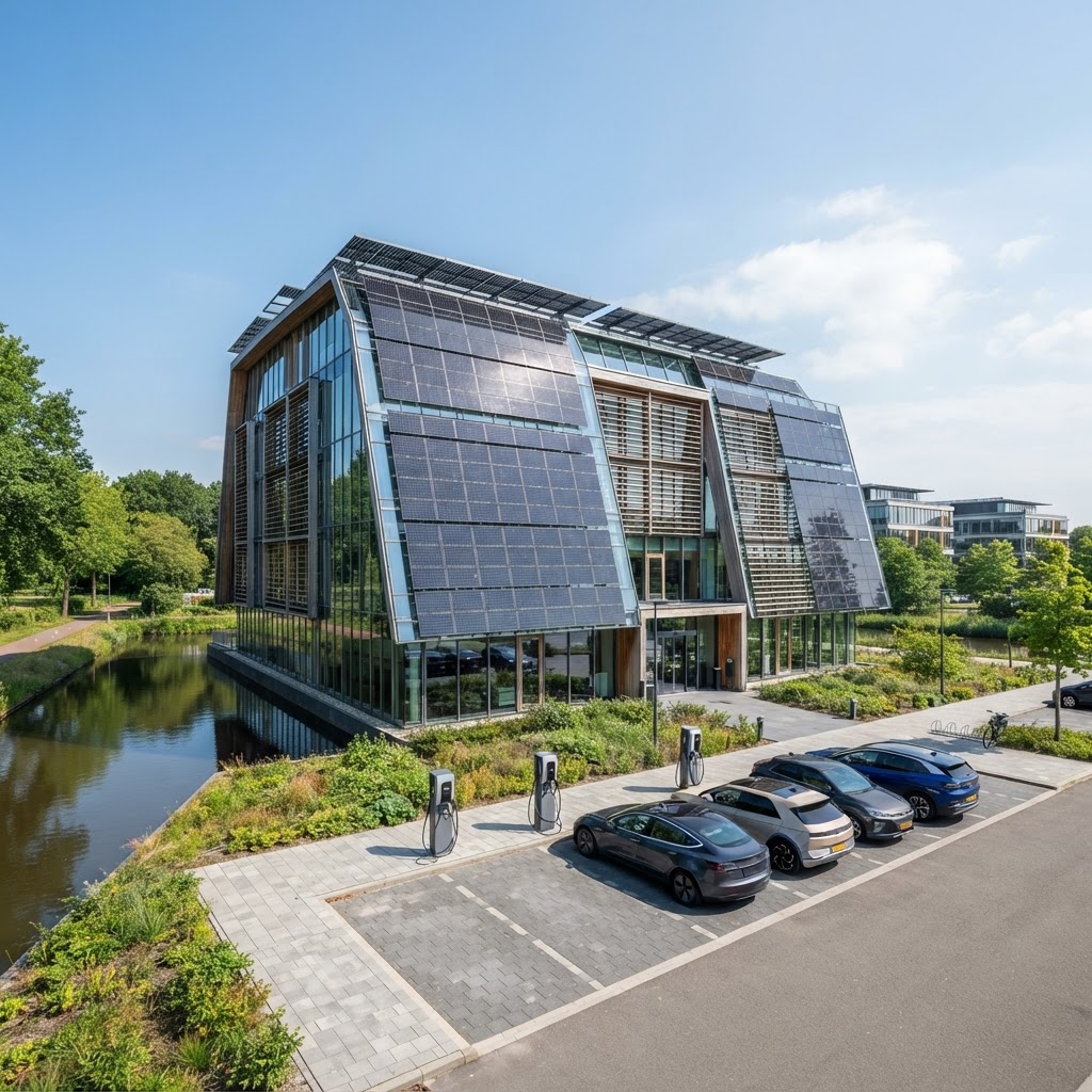 Kantoorpand met zonnepanelen en laadpalen in Nederland