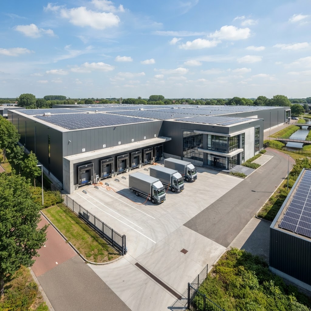 Logistiek centrum met zonnepanelen en laadinfrastructuur in Nederland
