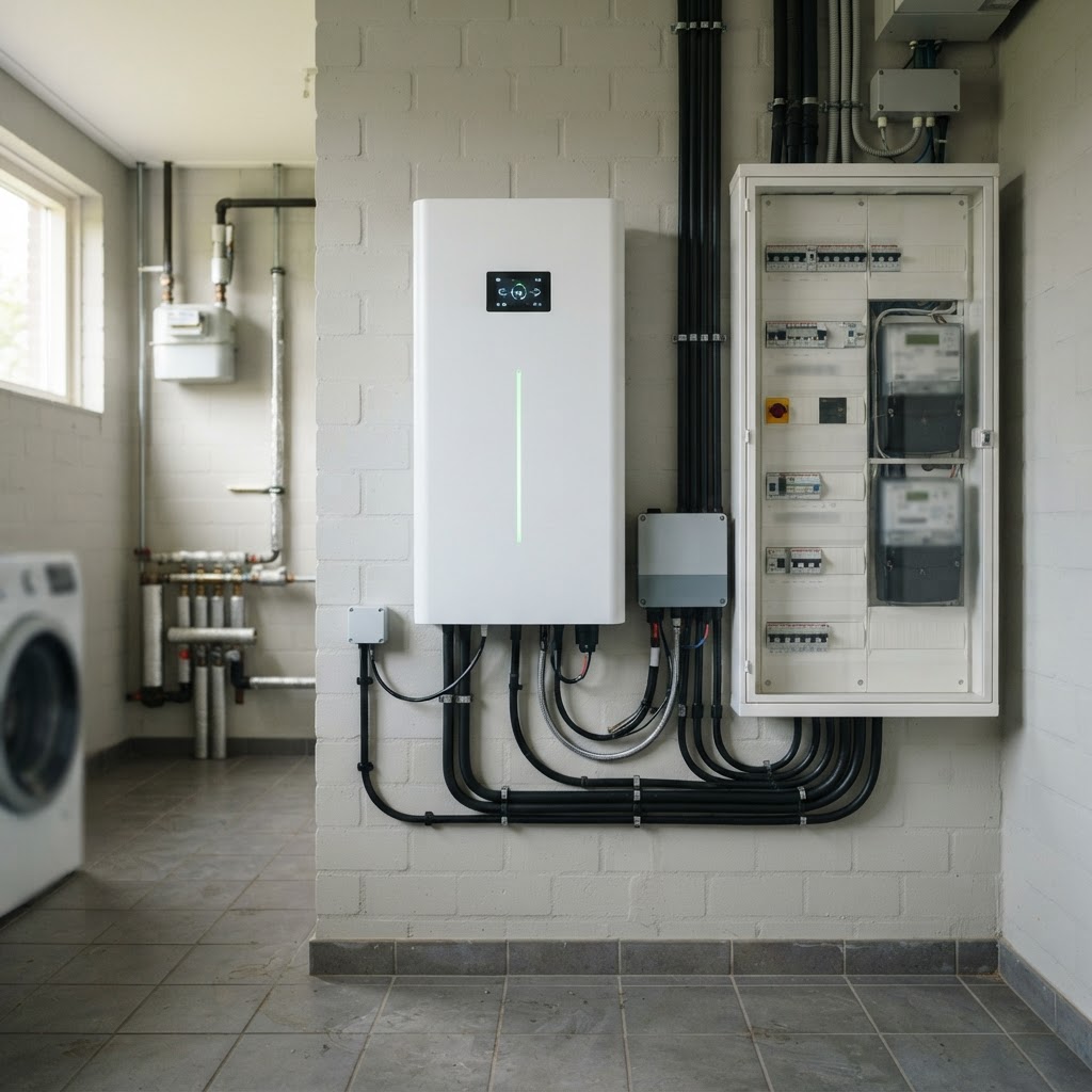 Thuisbatterij installatie aan de muur in een Nederlandse woning