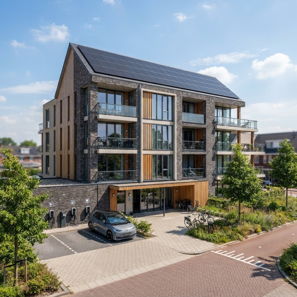 Nieuwbouw appartementencomplex met zonnepanelen en laadpalen in Nederland