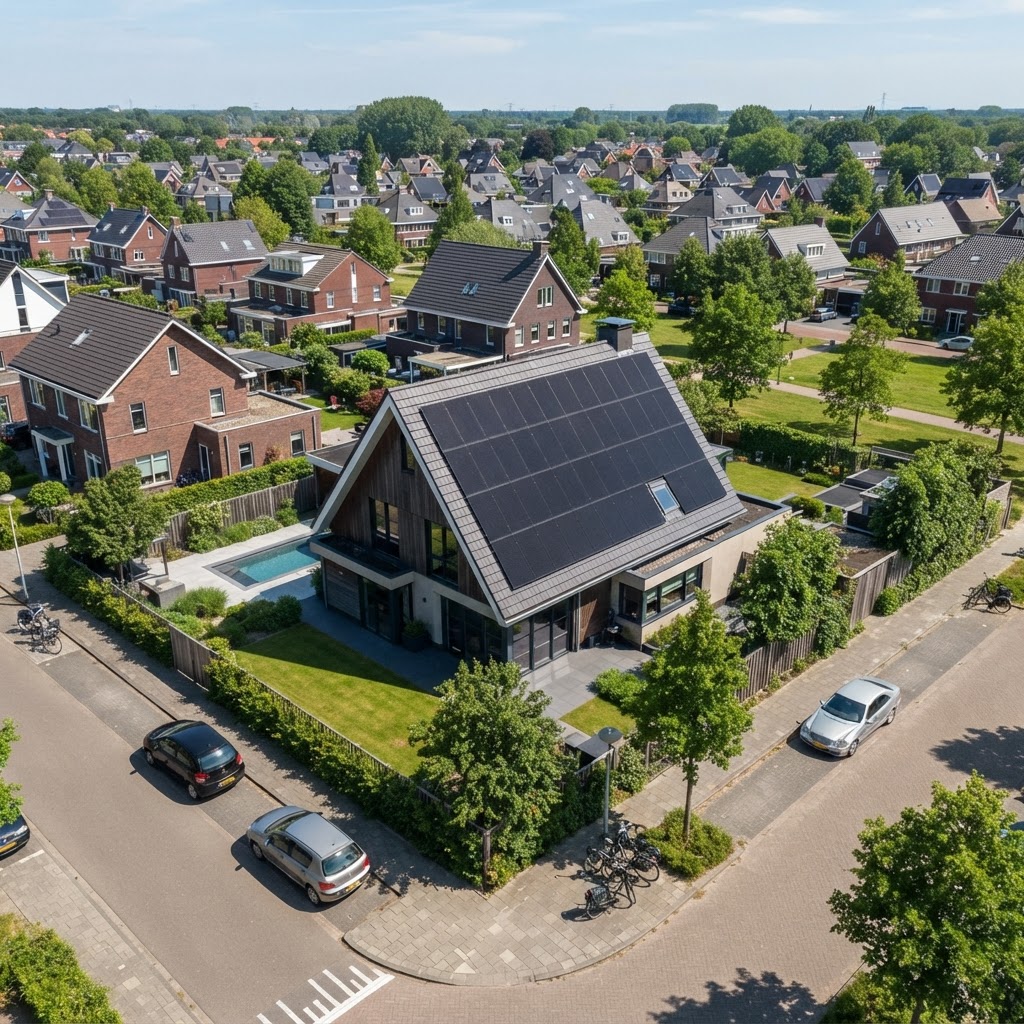 Full-black zonnepanelen op het dak van een moderne Nederlandse woning