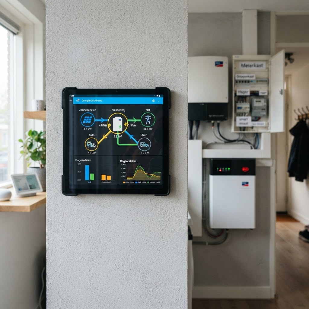 Slim energiebeheer dashboard met zonnepanelen, thuisbatterij en laadpaal in een Nederlandse woning