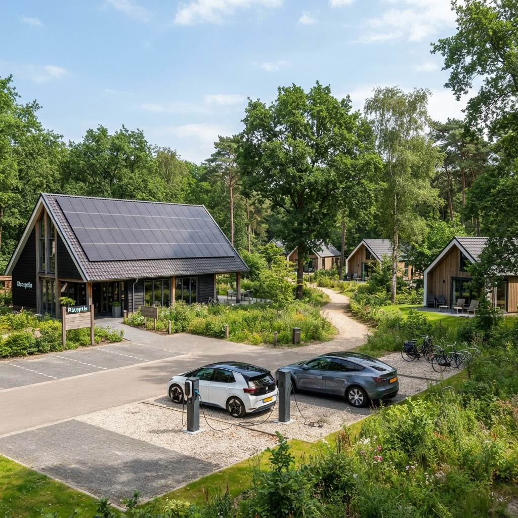 Vakantiepark met zonnepanelen en laadpalen in Nederland