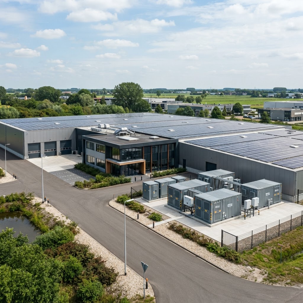 Industrieel gebouw met zonnepanelen en batterijopslag in Nederland
