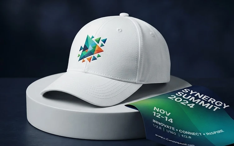 A branded cap and event poster produced with Sigilora on a dark navy background