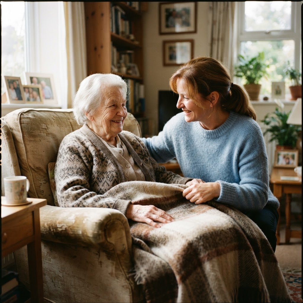 Adult daughter caring for her elderly mother at home
