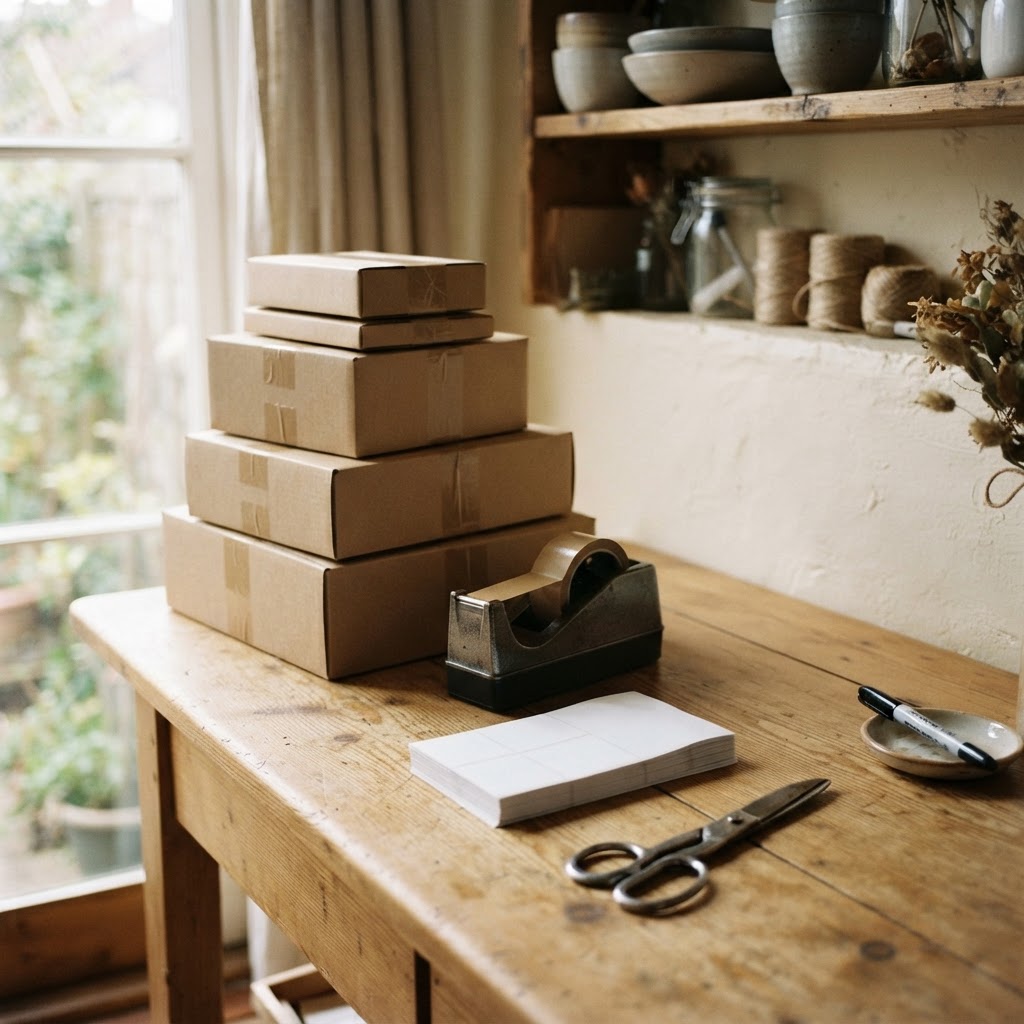 Packing bench with parcels ready to post