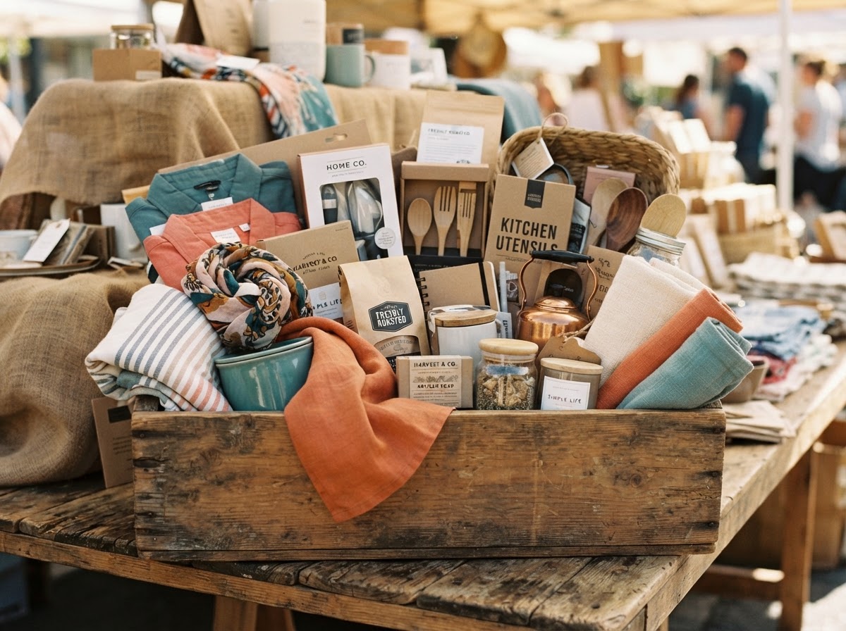 A crate of discounted branded goods on our market stall