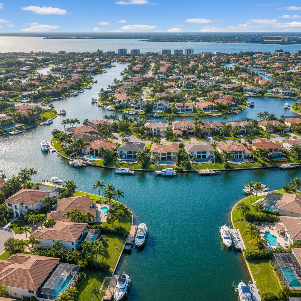 Aerial view of Cape Coral waterfront homes at sunset
