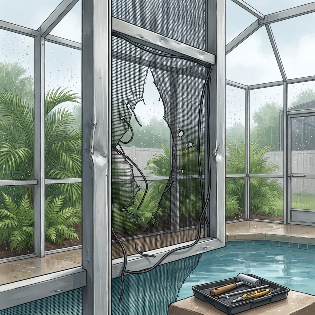 Editorial illustration for Screen Damage From Summer Storms in Daytona: What Homeowners Need to Know