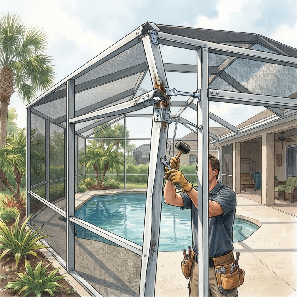 Editorial illustration for Pool Cage Frame Repair in Daytona: More Than Mesh Replacement for a Safer Enclosure