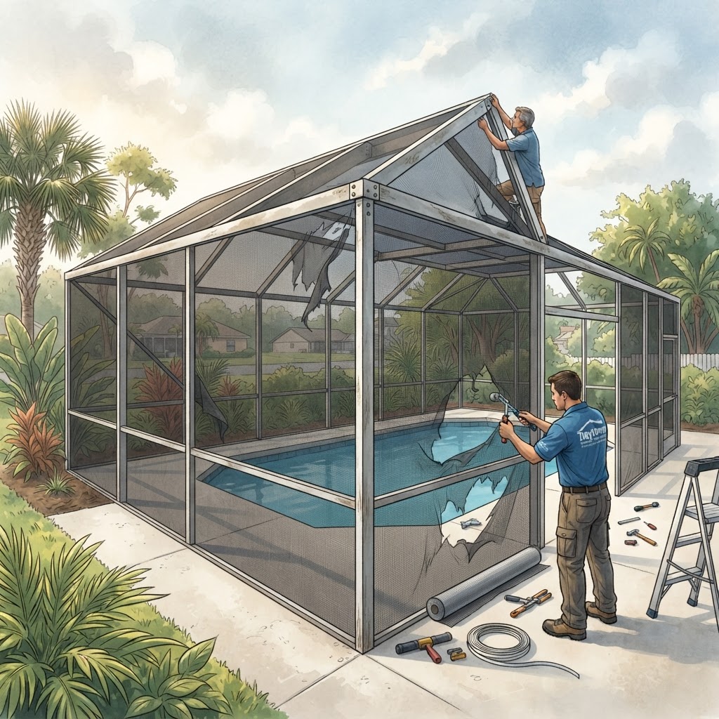 Editorial illustration for Hurricane Damage Pool Screen in Daytona: How to Protect Your Enclosure Before Storm Season