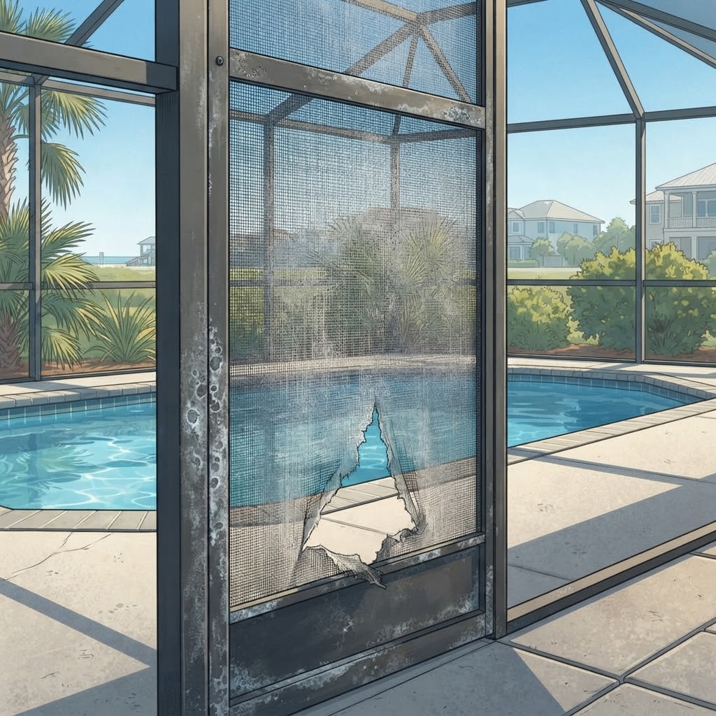 Editorial illustration for UV Damage Pool Screens in Daytona: How Florida Sun Shortens Mesh Lifespan