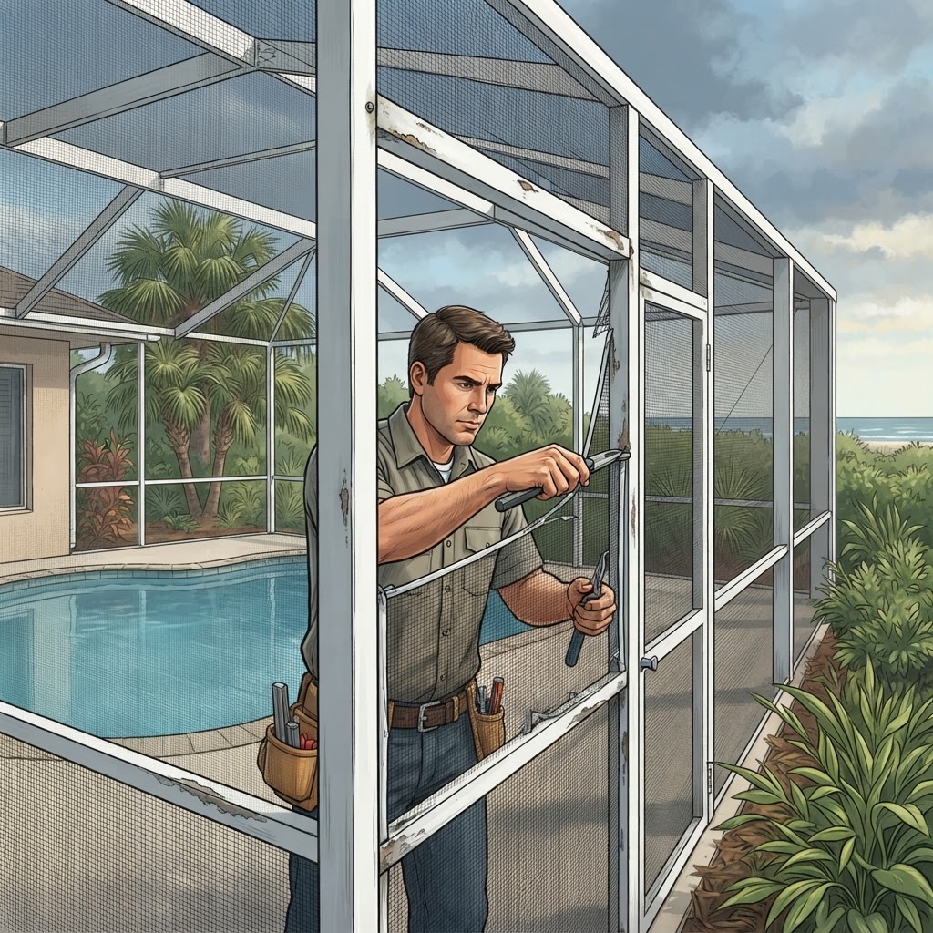 Editorial illustration for Hurricane Season and Pool Screens in Daytona: How to Protect Your Enclosure Before Storm Damage Hits