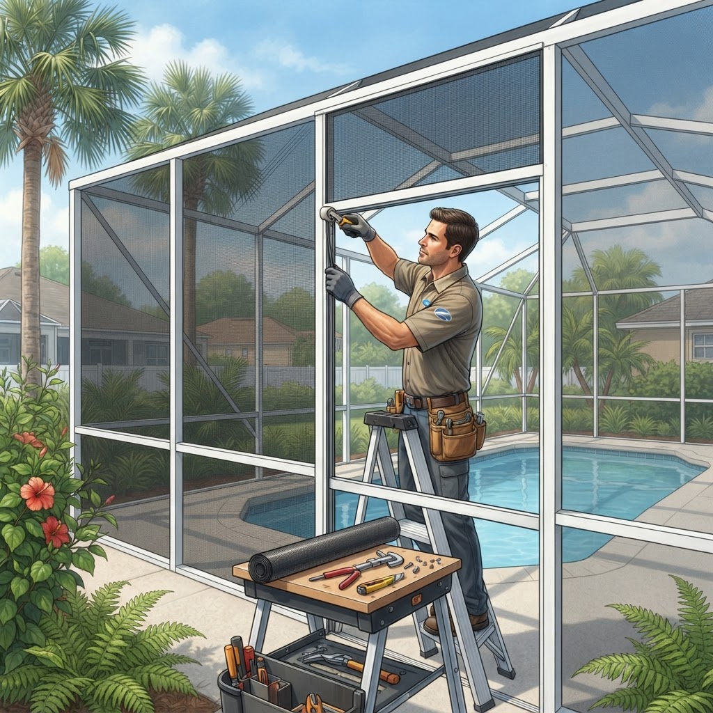 Editorial illustration for Trusted Pool Screen Repair Daytona: How to Choose the Right Company in Volusia County