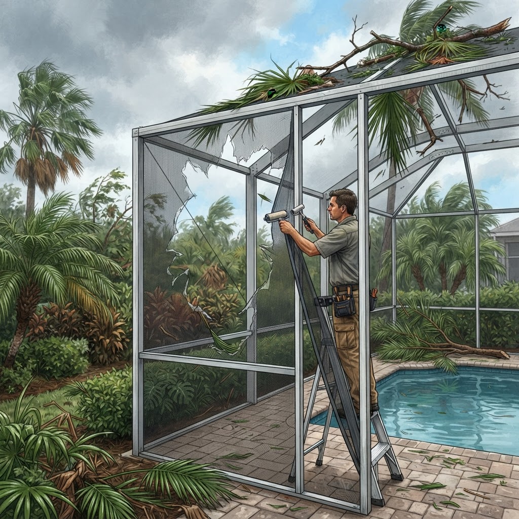 Editorial illustration for Summer Storm Screen Repair in Daytona: Stop Pool Screen Debris Damage Fast