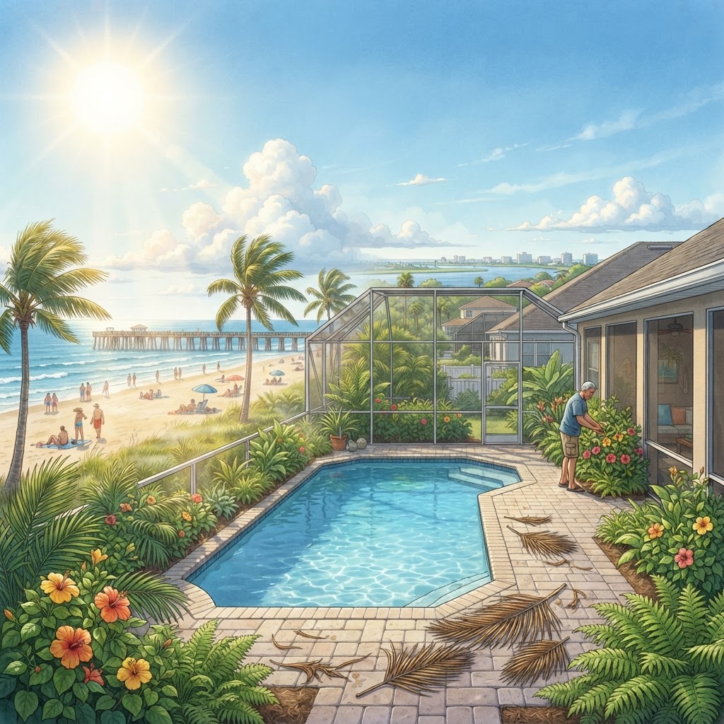 Editorial illustration for Daytona Beach Climate in Daytona: How Tropical Weather Impacts Screens, Pools, and Year-Round Home Maintenance
