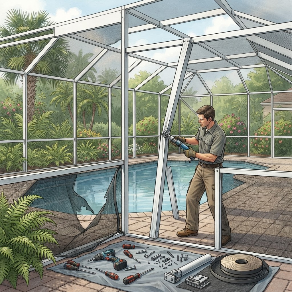 Editorial illustration for Pool Cage Frame Repair in Daytona: Fix Bent Aluminum, Doors, and Latches Before Small Problems Get Expensive