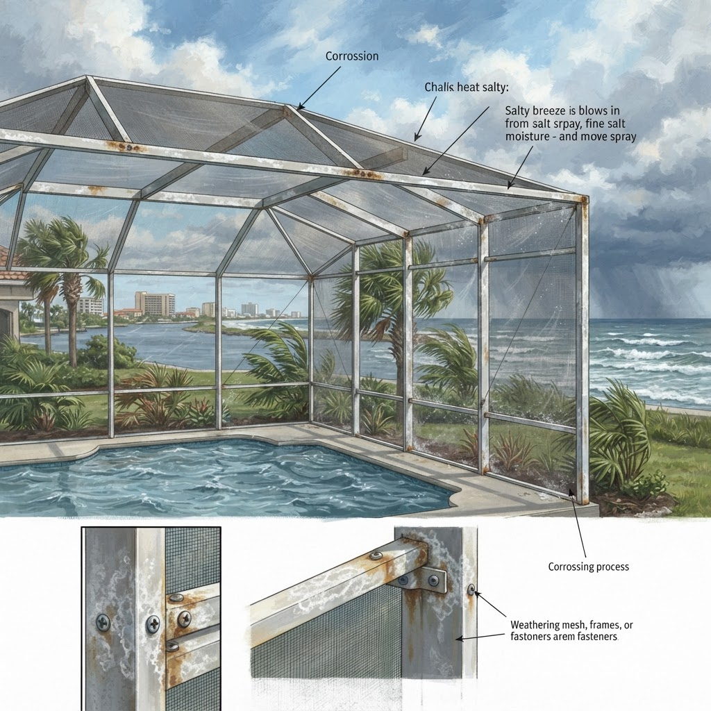 Editorial illustration for Coastal Weather Patterns in Daytona: How Salt Air Speeds Pool Enclosure Corrosion