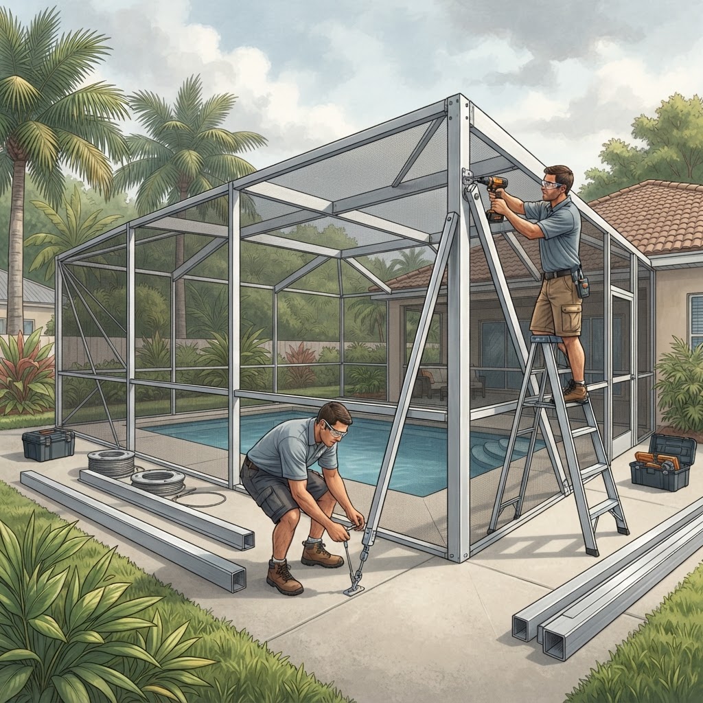 Editorial illustration for Hurricane Preparedness for Daytona Pool Screens: Protect Pool Cage Integrity Before Storm Season