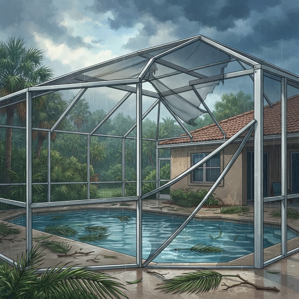 Editorial illustration for Pool Screen Damage From Summer Storms in Daytona Beach: What Volusia County Homeowners Should Do