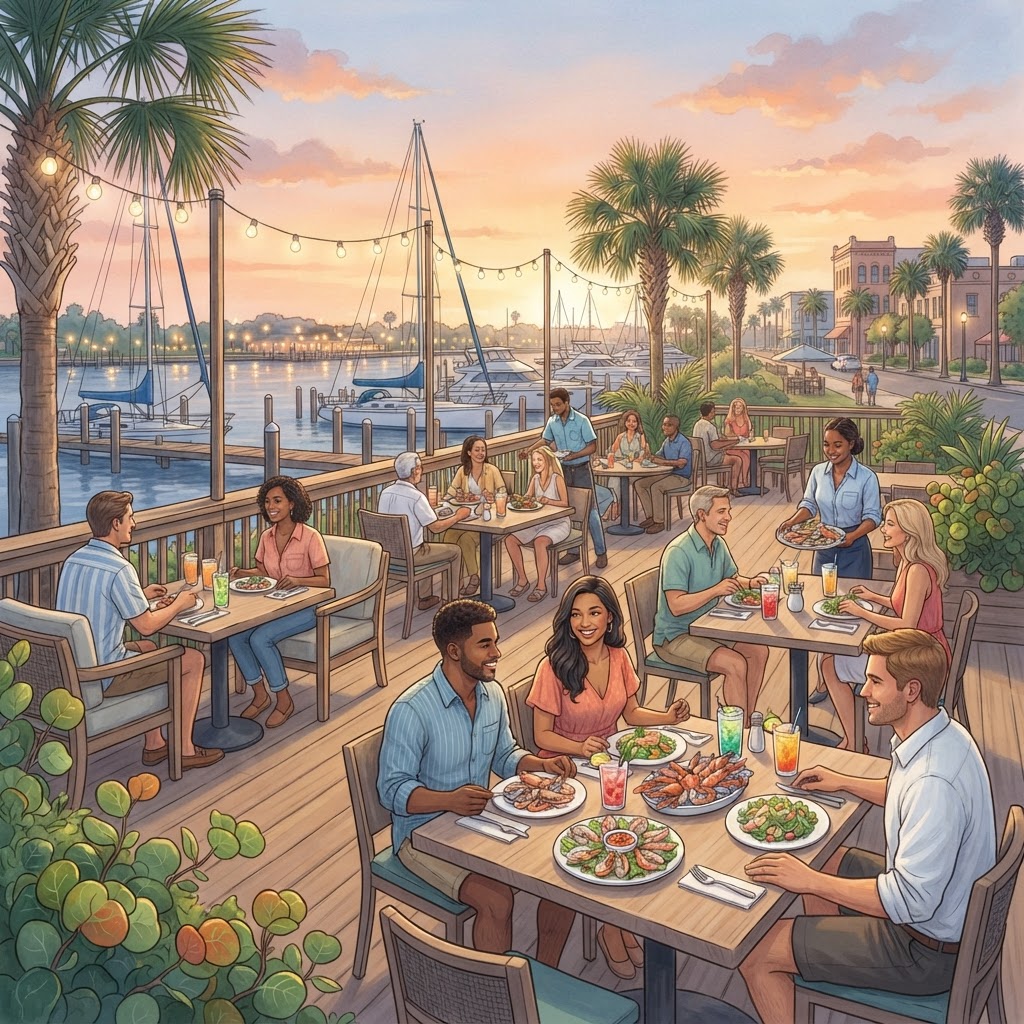 Editorial illustration for New Smyrna Beach Dining Ideas for Volusia County Homeowners Who Love Outdoor Living