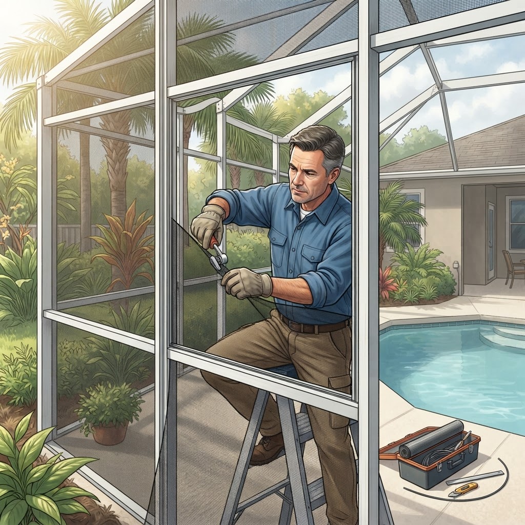 Editorial illustration for Pool Screen Repair Cost in Daytona: Real Rescreen Prices for Volusia County Homes