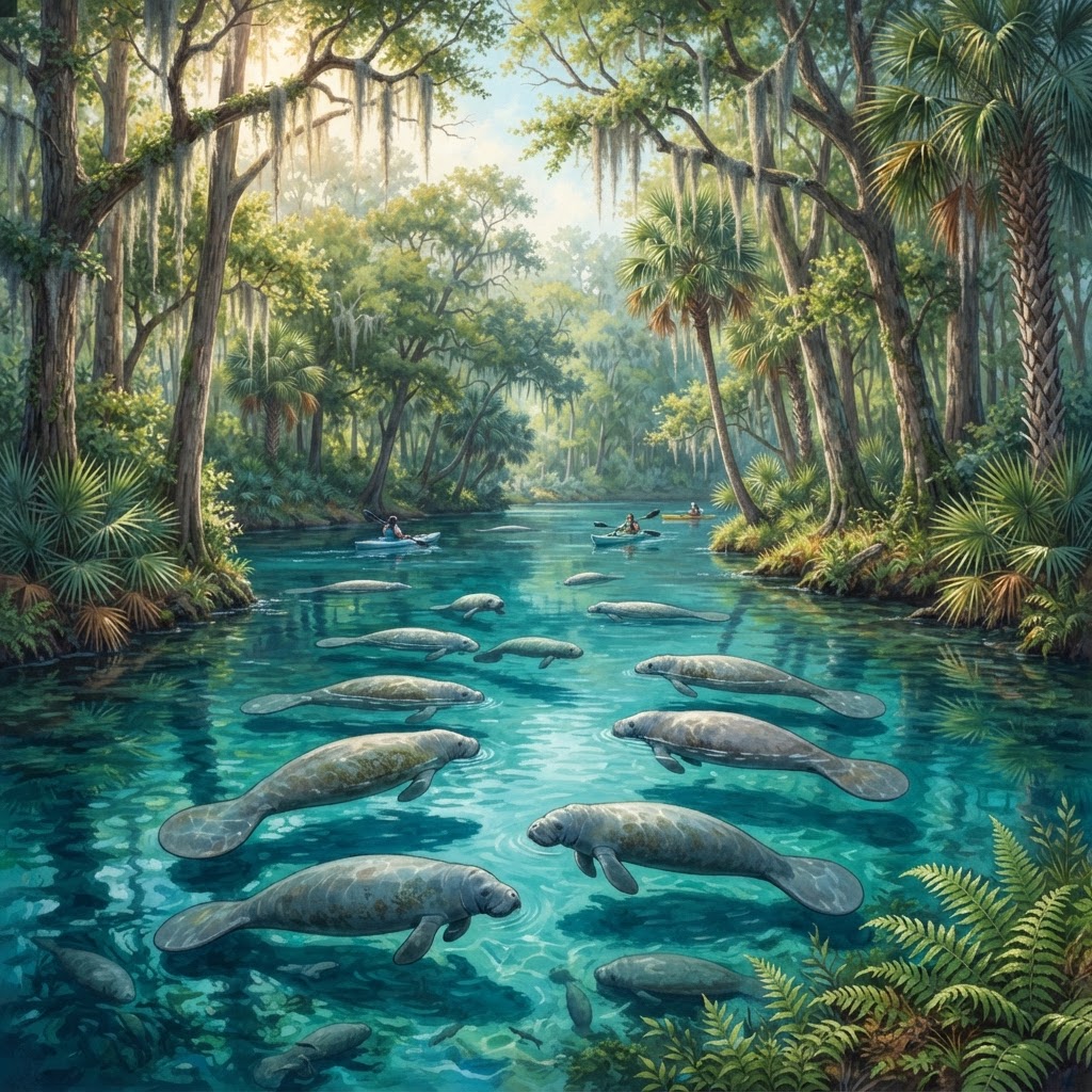 Editorial illustration for Blue Spring State Park in Volusia County: A Daytona Homeowner’s Guide to Nature, Manatees, and Better Screened Living