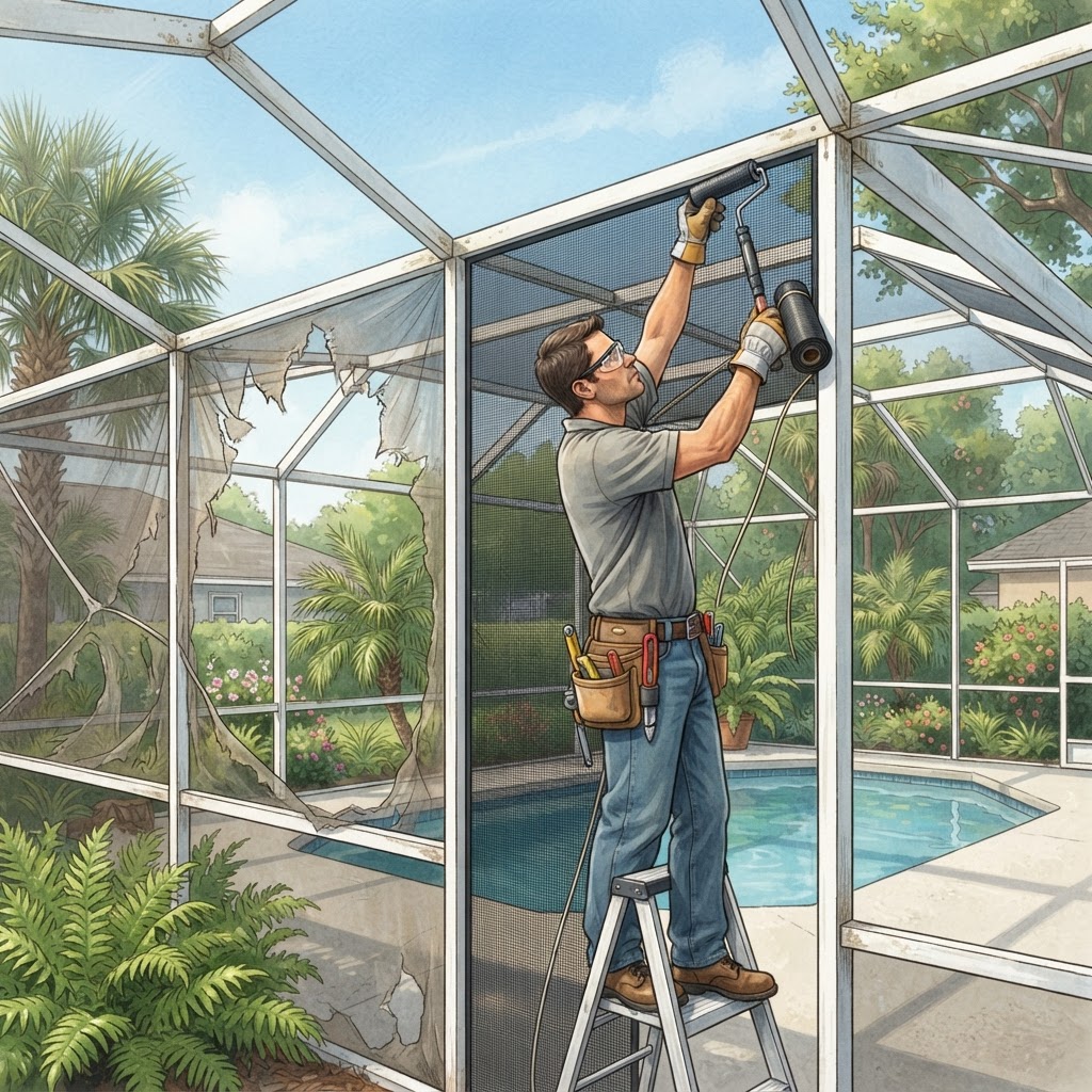 Editorial illustration for Pool Cage Rescreening in Daytona: When a Full Rescreen Service Is the Smart Upgrade