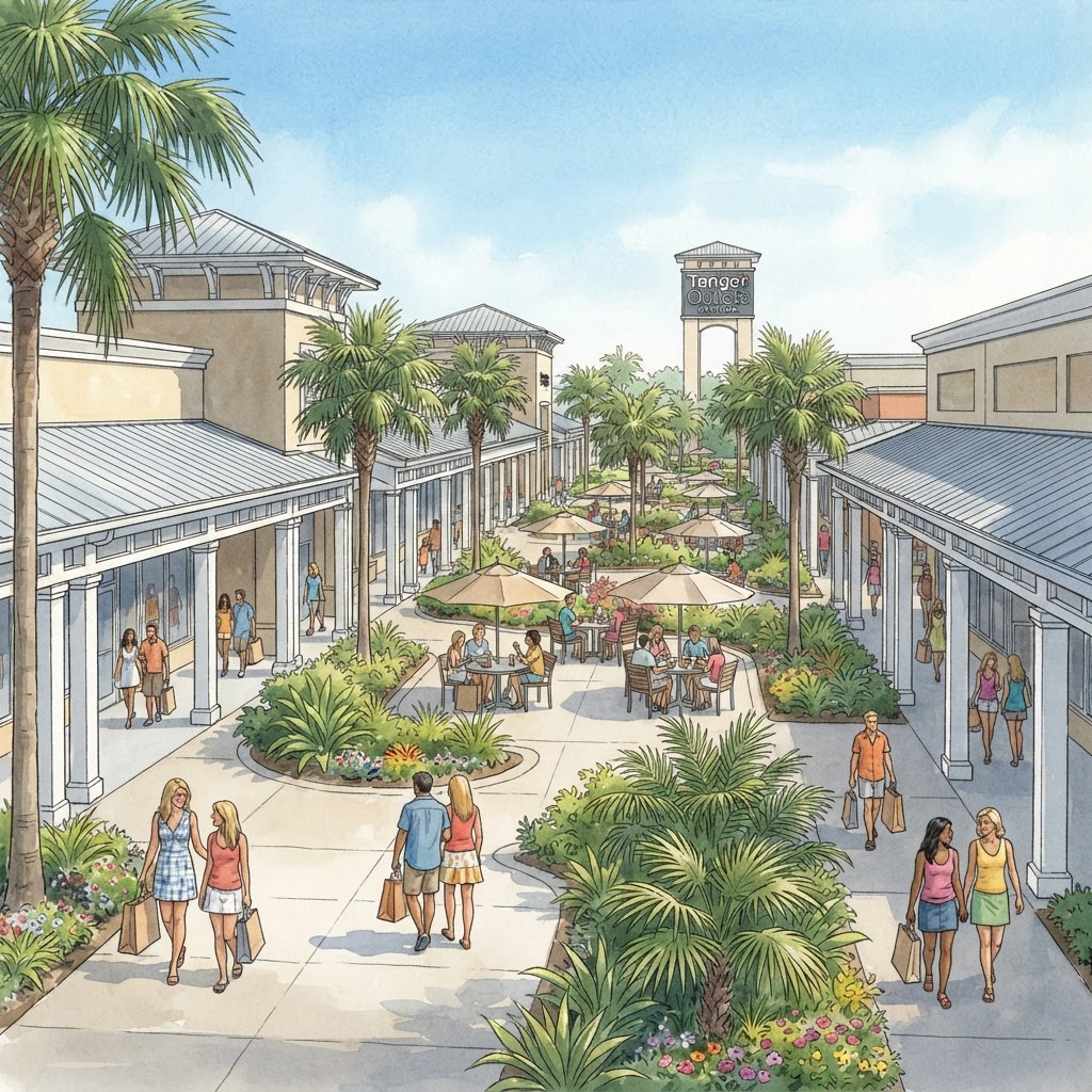 Editorial illustration for Tanger Outlets Daytona: What Outdoor Shopping in Daytona Beach Teaches Homeowners About Better Screen Enclosures