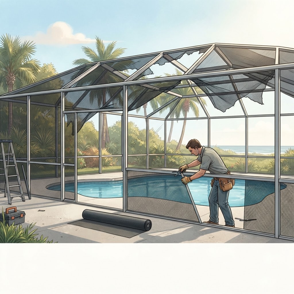 Editorial illustration for Screen Mesh Cost Florida in Daytona: What Homeowners Should Budget for Repairs and Rescreening