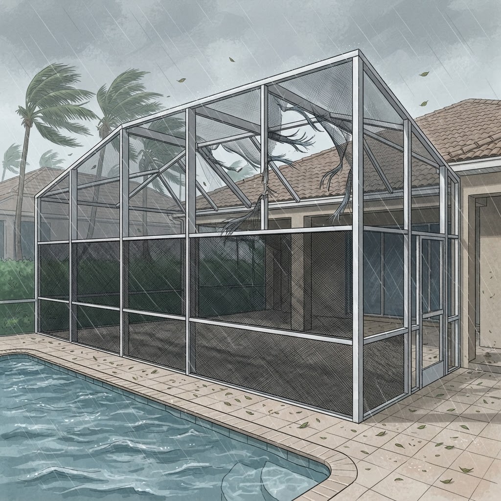 Editorial illustration for Hurricane Screens in Daytona: Smarter Storm Protection for Lanais, Pool Cages, and Patios