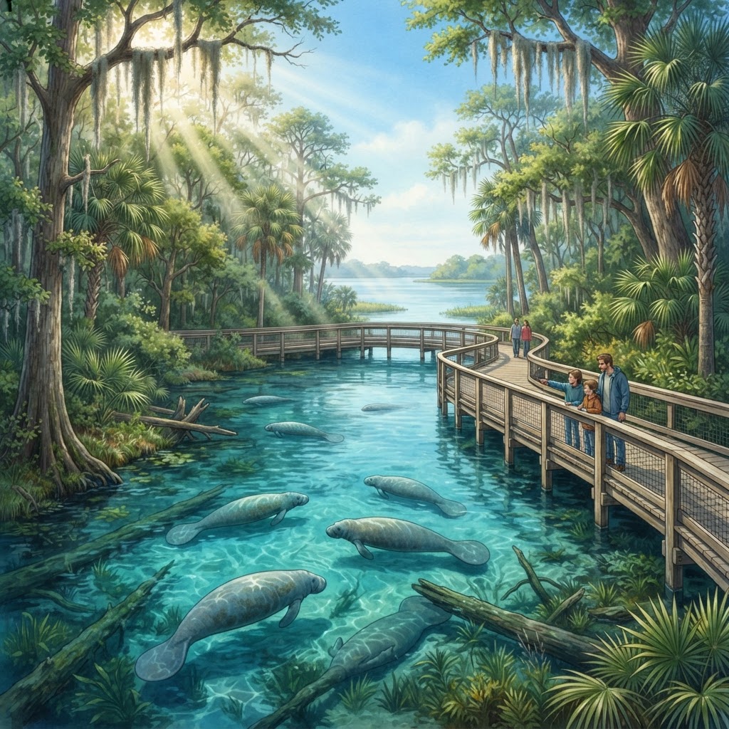 Editorial illustration for Blue Spring State Park Near Daytona: Why Volusia County Families Love This Spring Escape