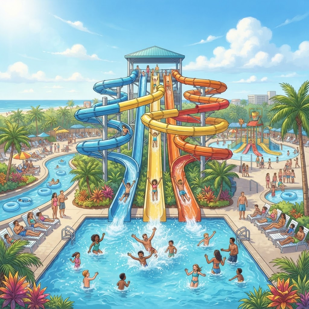 Editorial illustration for Daytona Lagoon in Daytona Beach: Family Fun, Water Park Adventures, and Smart Screen Care for Volusia County Homes
